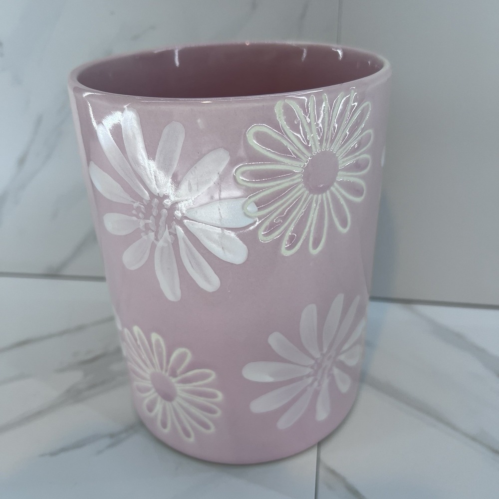 Daisy Scrolled Pink Floral Design Canister Crock Vase 6"x4.5" Embossed